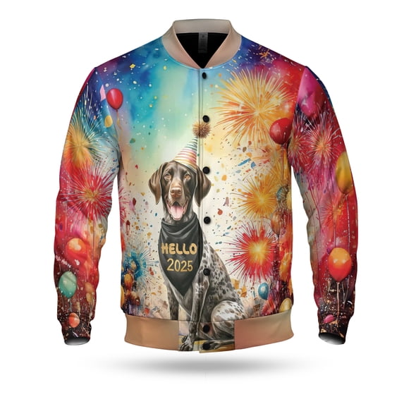 Hello 2025 German Shorthaired Pointer Celebrates Happy New Year Firework Balloon All Over Print 3D Baseball Jacket GSP Lover Dog Gift Bomber Jacket Softball - 02024