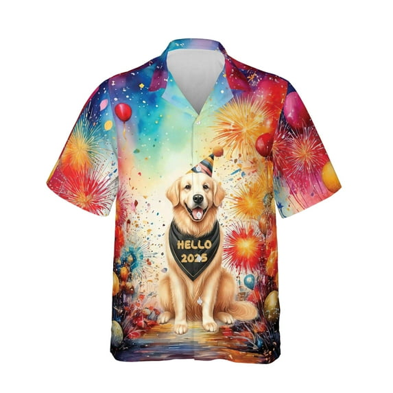 Hello 2025 Golden Retriever Celebrates Happy New Year Firework Balloon Hawaiian Shirt Breathable Summer Unisex Merch Goldens Dog Lover Gifts Idea - 02024