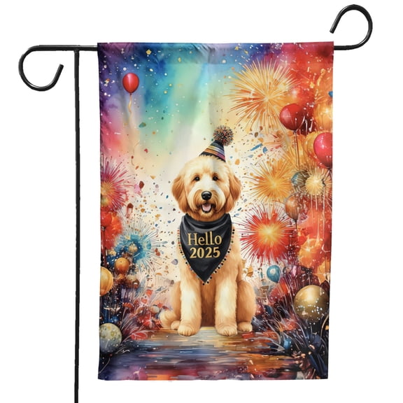 Hello 2025 Goldendoodle Celebrates Happy New Year Firework Balloon Garden Flag 12x18in Double Sided Doodle Dog Lover Gifts Idea Outdoor Decor - 02024