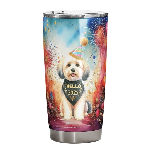 Hello 2025 Havanese Celebrates Happy New Year Firework Balloon 20oz Stainless Steel Tumbler Insulated Cup with Lid Havanese Dog Lover Gifts Idea - 02024