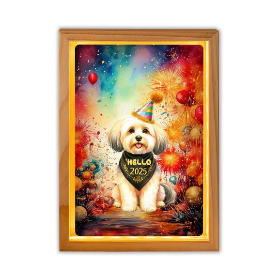 Hello 2025 Havanese Celebrates Happy New Year Firework Balloon Acrylic Plaque with Wood Photo Frame Box Havanese Dog Lover Gifts Idea Light Box - 02024