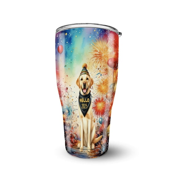 Hello 2025 Labrador Retriever Celebrates Happy New Year Firework Balloon 30oz Stainless Steel Tumbler Insulated Cup with Lid Lab Dog Lover Gifts - 02024