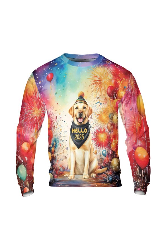 Hello 2025 Labrador Retriever Celebrates Happy New Year Firework Balloon All Over Print 3D Sweatshirt Unisex Merch Lab Dog Lover Gifts - 02024