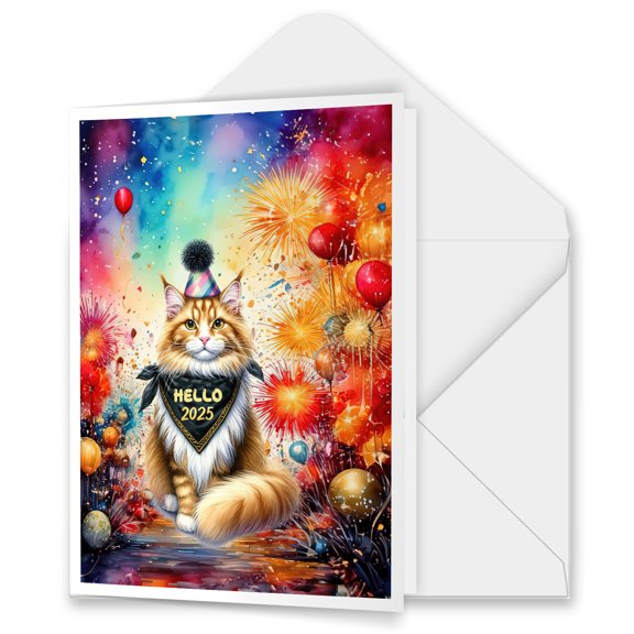 Hello 2025 Maine Coon Celebrates Happy New Year Firework Balloon 5x7in Folded Greeting Card Cat Lover Kitten Owner Gifts Single Note Card with Envelope - 02024