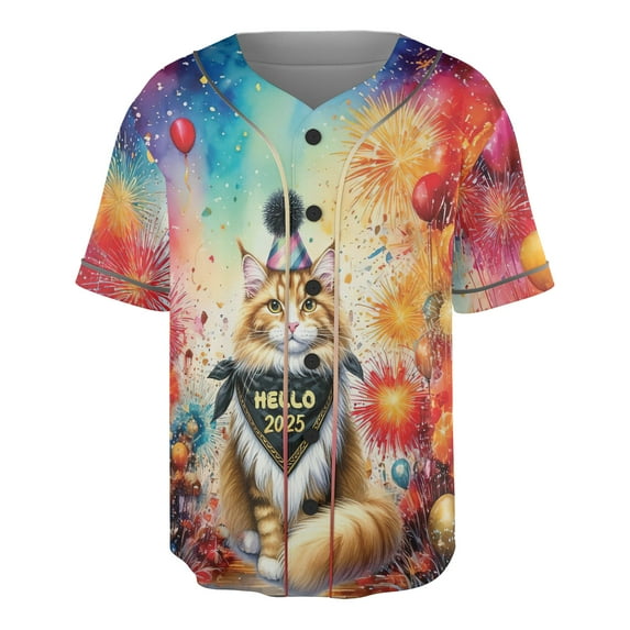 Hello 2025 Maine Coon Celebrates Happy New Year Firework Balloon All Over Print 3D Baseball Shirt Cat Lover Kitten Owner Gifts Softball Sport - 02024