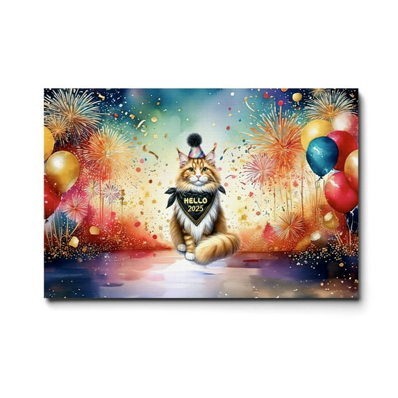 Hello 2025 Maine Coon Celebrates Happy New Year Firework Balloon Horizontal Matte Canvas Poster Cat Lover Kitten Owner Gifts Wall Art Home Decor - 02024