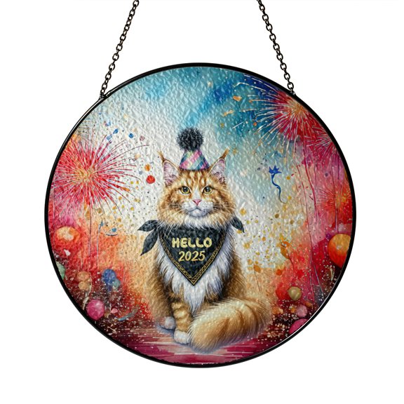 Hello 2025 Maine Coon Celebrates Happy New Year Firework Balloon Stained Glass Suncatcher Cat Lover Kitten Owner Gifts Window Hanging Sign Decor - 02024