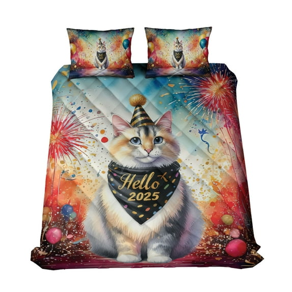 Hello 2025 Manx Celebrates Happy New Year Firework Balloon Quilt Bedding Set Cat Lover Kitten Owner Gifts 1 Blanket Bed Cover 2 Pillowcases - 02024