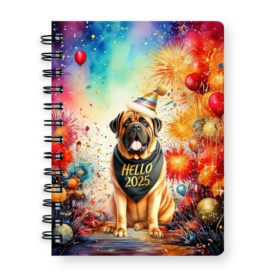 Hello 2025 Mastiff Celebrates Happy New Year Firework Balloon Spiral Bound Journal Mastiffs Dog Lover Gifts Idea 5x7in Spiral Notebook - 02024
