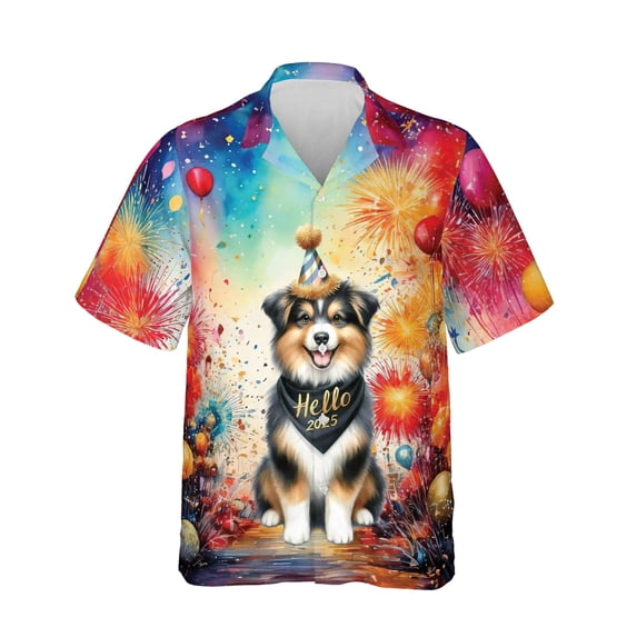 Hello 2025 Miniature American Shepherd Celebrates Happy New Year Firework Balloon Hawaiian Shirt Breathable Summer Unisex Merch MAS Dog Lover Gifts - 02024