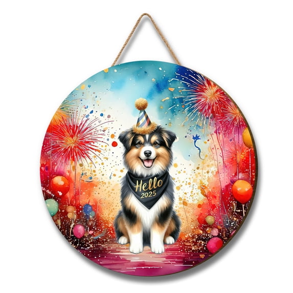 Hello 2025 Miniature American Shepherd Celebrates Happy New Year Firework Balloon Round Wood Sign MAS Dog Lover Gifts Hanging Wall Home Decor - 02024