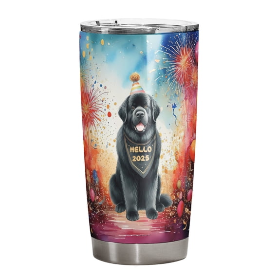 Hello 2025 Newfoundland Celebrates Happy New Year Firework Balloon 20oz Stainless Steel Tumbler Insulated Cup with Lid Newfie Dog Lover Gifts - 02024