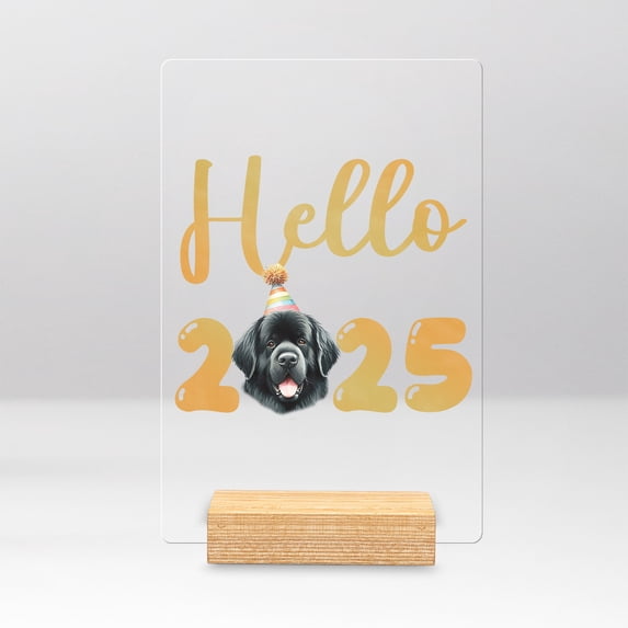 Hello 2025 Newfoundland Celebrates Happy New Year Firework Balloon Acrylic Plaque Sign Ashwood Base Newfie Dog Lover Gifts Home Desk Decor - 02024