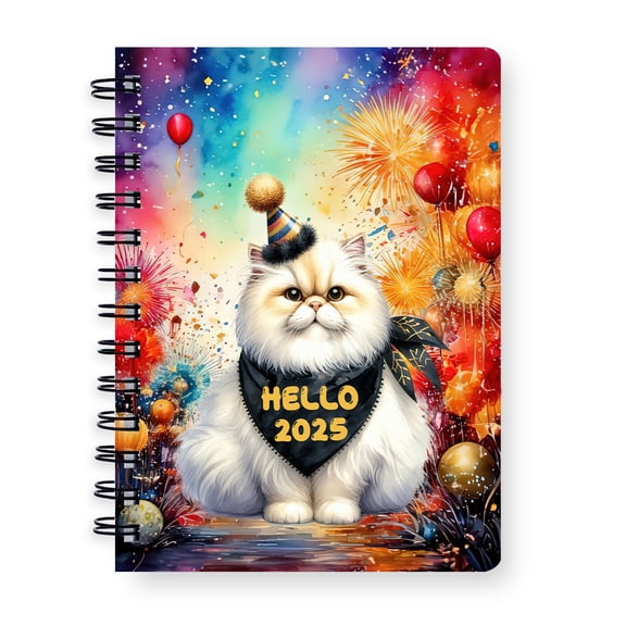 Hello 2025 Persian Celebrates Happy New Year Firework Balloon Spiral Bound Journal Cat Lover Kitten Owner Gifts 5x7in Spiral Notebook - 02024