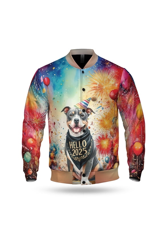Hello 2025 Pitbull Celebrates Happy New Year Firework Balloon All Over Print 3D Baseball Jacket Terrier Dog Lover Bomber Jacket Softball - 02024