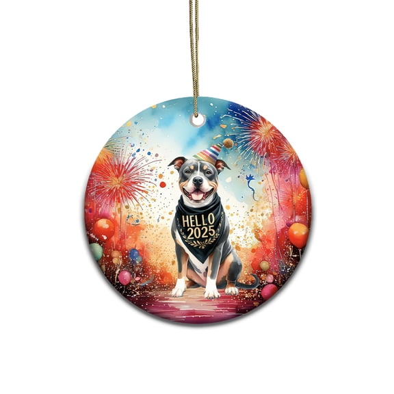 Hello 2025 Pitbull Celebrates Happy New Year Firework Balloon Ceramic Round Ornament Terrier Dog Lover Home Tree Decor - 02024