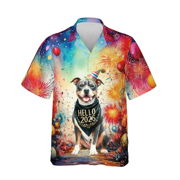 Hello 2025 Pitbull Celebrates Happy New Year Firework Balloon Hawaiian Shirt Breathable Summer Unisex Merch Terrier Dog Lover - 02024