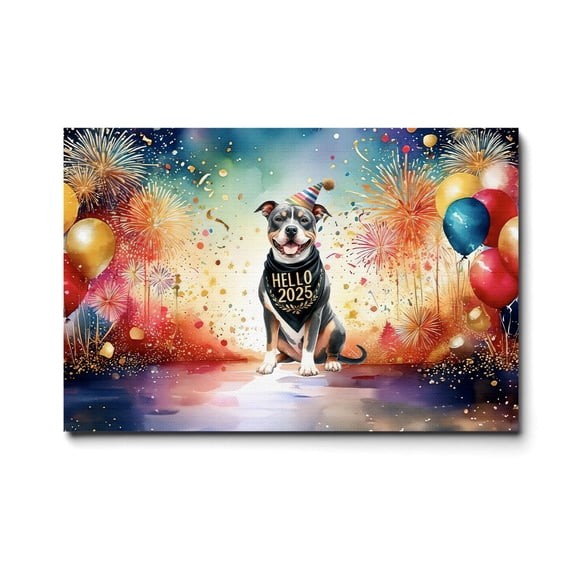 Hello 2025 Pitbull Celebrates Happy New Year Firework Balloon Horizontal Matte Canvas Poster Terrier Dog Lover Wall Art Home Decor - 02024