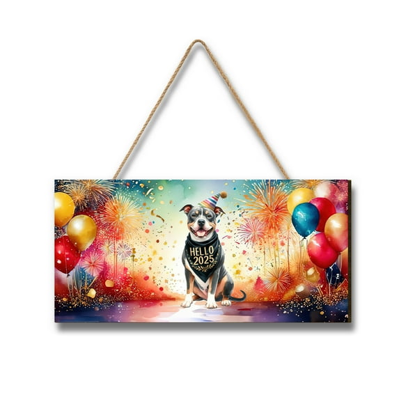 Hello 2025 Pitbull Celebrates Happy New Year Firework Balloon Landscape Wood Sign Terrier Dog Lover Hanging Wall Home Decor - 02024