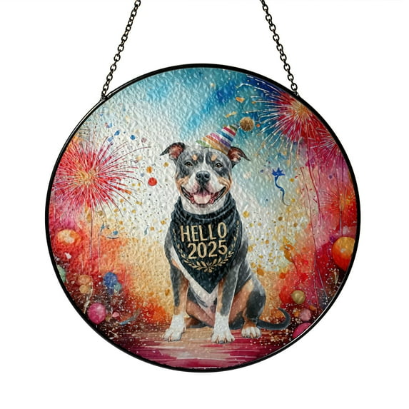 Hello 2025 Pitbull Celebrates Happy New Year Firework Balloon Stained Glass Suncatcher Terrier Dog Lover Window Hanging Sign Decor - 02024