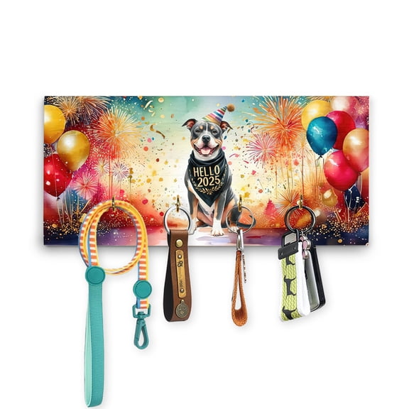 Hello 2025 Pitbull Celebrates Happy New Year Firework Balloon Wood Key Holder Terrier Dog Lover Wall-mounted Key Rack Home Decor - 02024