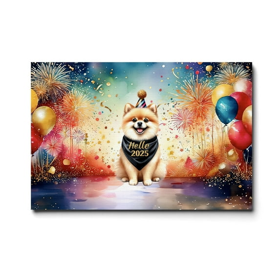 Hello 2025 Pomeranian Celebrates Happy New Year Firework Balloon Horizontal Matte Canvas Poster Pom Dog Lover Gifts Wall Art Home Decor - 02024