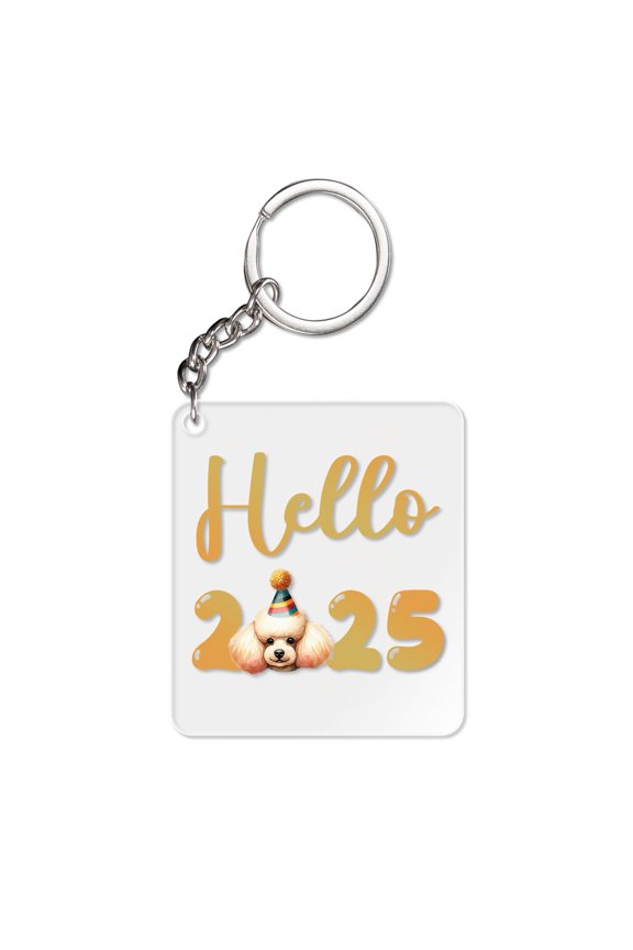 Hello 2025 Poodle Celebrates Happy New Year Firework Balloon Acrylic Keychain Poodles Dog Lover Gifts Idea Collar Charm Tag Keyring - 02024