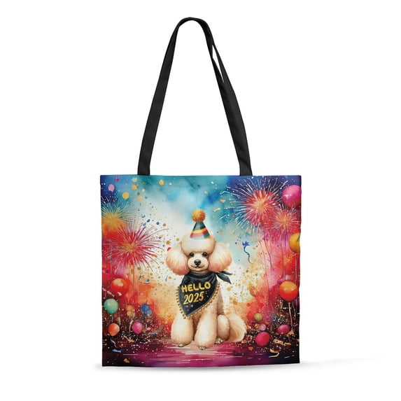 Hello 2025 Poodle Celebrates Happy New Year Firework Balloon All Over Print 3D Canvas Tote Bag Poodles Dog Lover Gifts Idea Reusable Handbag - 02024
