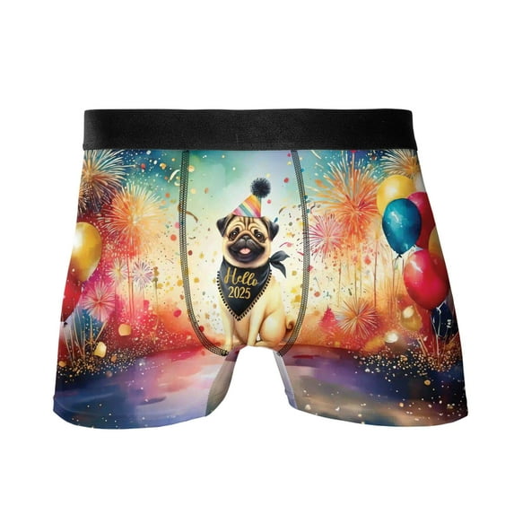Hello 2025 Pug Celebrates Happy New Year Firework Balloon All Over Print Boxer Briefs Underwear for Men Dad Dog Lover Gifts - 02024