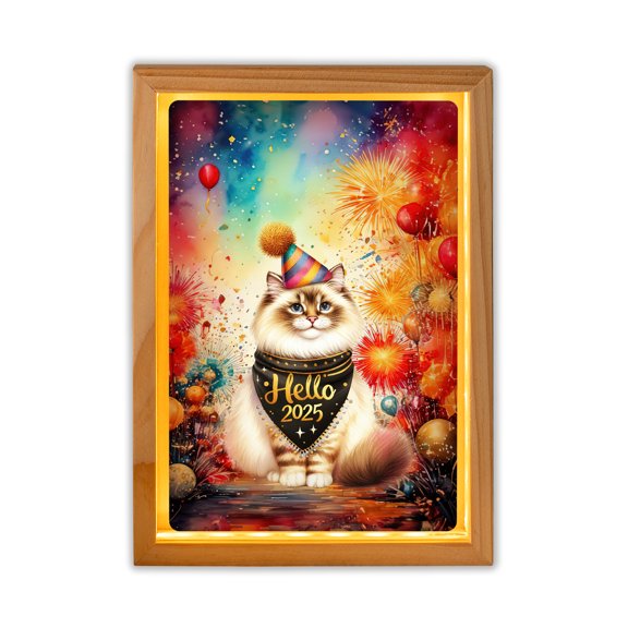 Hello 2025 Ragdoll Celebrates Happy New Year Firework Balloon Acrylic Plaque with Wood Photo Frame Box Cat Lover Kitten Owner Gifts Idea Light Box - 02024