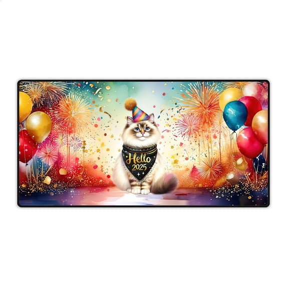 Hello 2025 Ragdoll Celebrates Happy New Year Firework Balloon Desk Mat Full Keyboard Mouse Pad Cat Lover Kitten Owner Gifts Idea Large Mousepad - 02024
