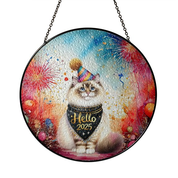 Hello 2025 Ragdoll Celebrates Happy New Year Firework Balloon Stained Glass Suncatcher Cat Lover Kitten Owner Gifts Idea Window Hanging Sign Decor - 02024