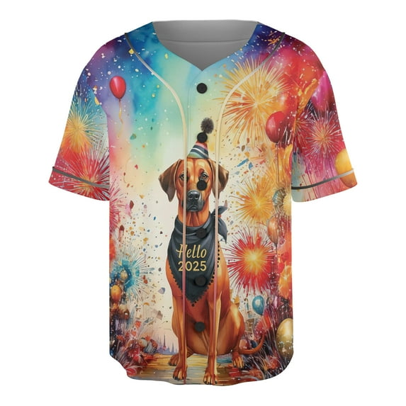 Hello 2025 Rhodesian Ridgeback Celebrates Happy New Year Firework Balloon All Over Print 3D Baseball Shirt Ridgebacks Dog Lover Gifts Softball Sport - 02024