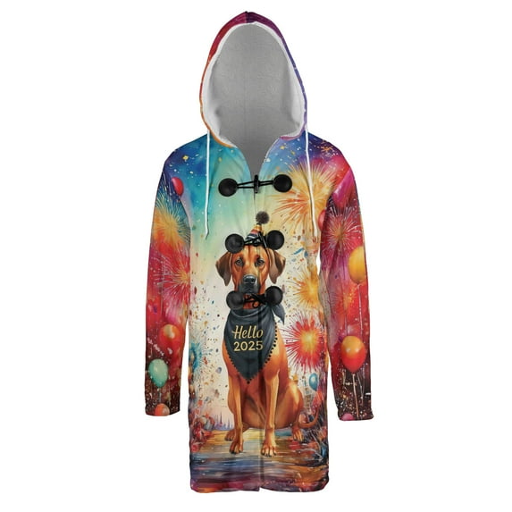 Hello 2025 Rhodesian Ridgeback Celebrates Happy New Year Firework Balloon All Over Print 3D Hooded Duffle Toggle Coat Ridgebacks Dog Lover Gifts - 02024