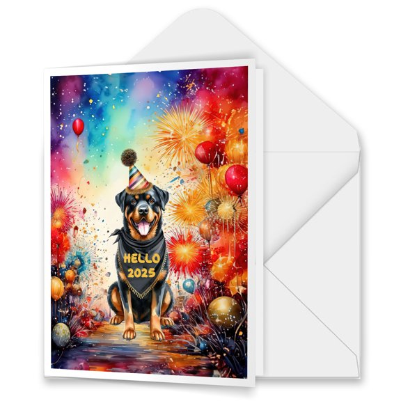 Hello 2025 Rottweiler Celebrates Happy New Year Firework Balloon 5x7in Folded Greeting Card Rottie Dog Lover Gifts Idea Single Note Card with Envelope - 02024
