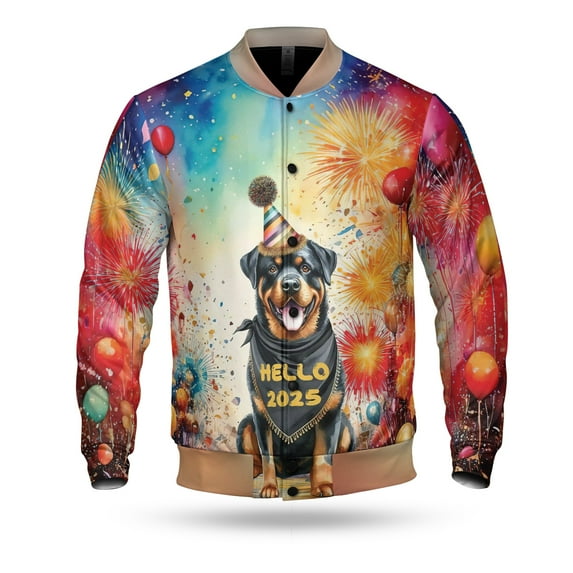Hello 2025 Rottweiler Celebrates Happy New Year Firework Balloon All Over Print 3D Baseball Jacket Rottie Dog Lover Gifts Idea Bomber Jacket Softball - 02024