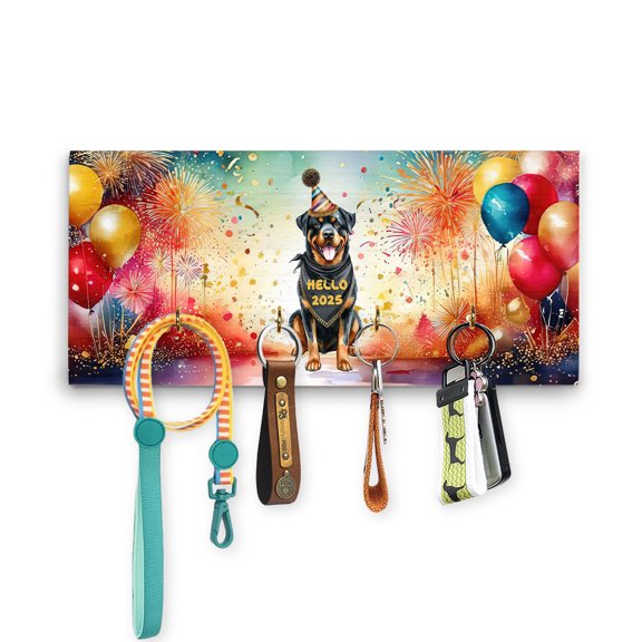 Hello 2025 Rottweiler Celebrates Happy New Year Firework Balloon Wood Key Holder Rottie Dog Lover Gifts Idea Wall-mounted Key Rack Home Decor - 02024