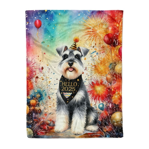 Hello 2025 Schnauzer Celebrates Happy New Year Firework Balloon Cozy Fleece Blanket Miniature Schnauzer Dog Lover Warm Soft Throw Blanket - 02024