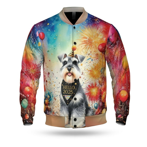 Hello 2025 Schnauzer Celebrates Happy New Year Firework Balloon All Over Print 3D Baseball Jacket Miniature Schnauzer Dog Lover Bomber Jacket Softball - 02024