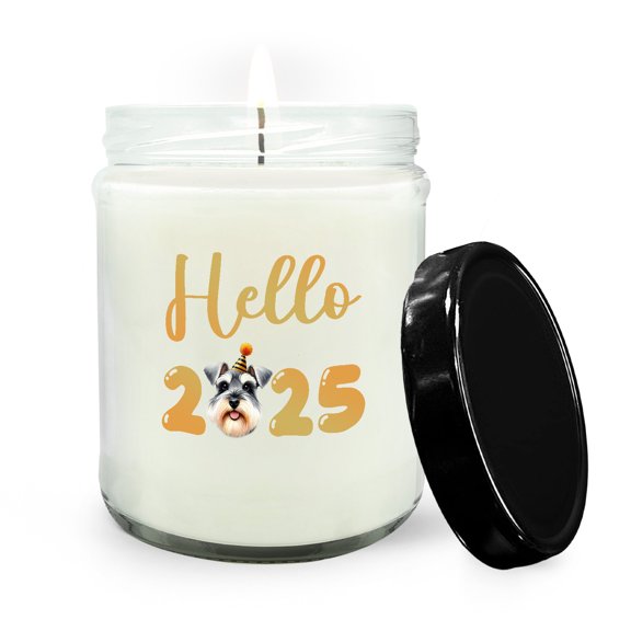 Hello 2025 Schnauzer Celebrates Happy New Year Firework Balloon Soy Wax Candle Miniature Schnauzer Dog Lover 16oz White Vanilla Candle - 02024
