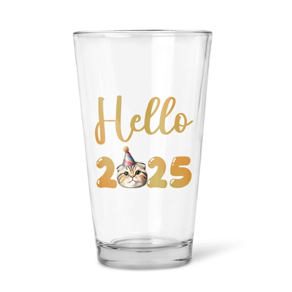 Hello 2025 Scottish Fold Celebrates Happy New Year Firework Balloon 16oz Pint Beer Glass Mug Cat Lover Kitten Owner Gifts Beer Glasses Cup - 02024