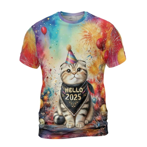 Hello 2025 Scottish Fold Celebrates Happy New Year Firework Balloon All Over Print 3D Shirt Unisex Merch Cat Lover Kitten Owner Gifts - 02024