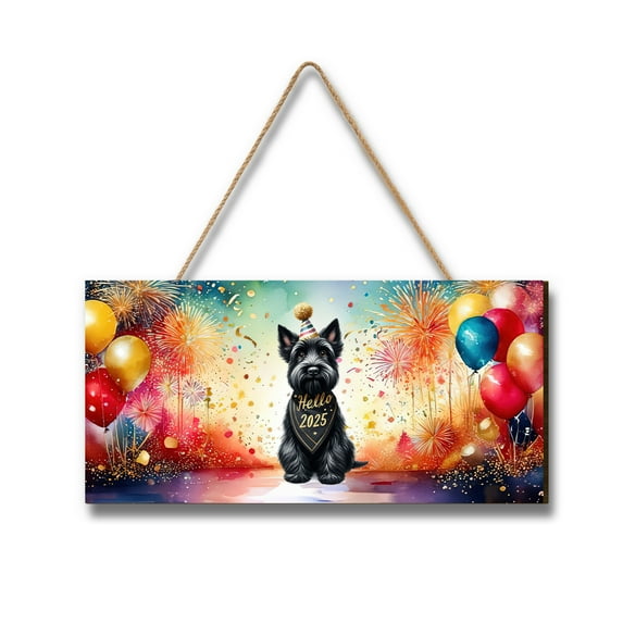 Hello 2025 Scottish Terrier Celebrates Happy New Year Firework Balloon Landscape Wood Sign Scottie Dog Lover Gifts Hanging Wall Home Decor - 02024