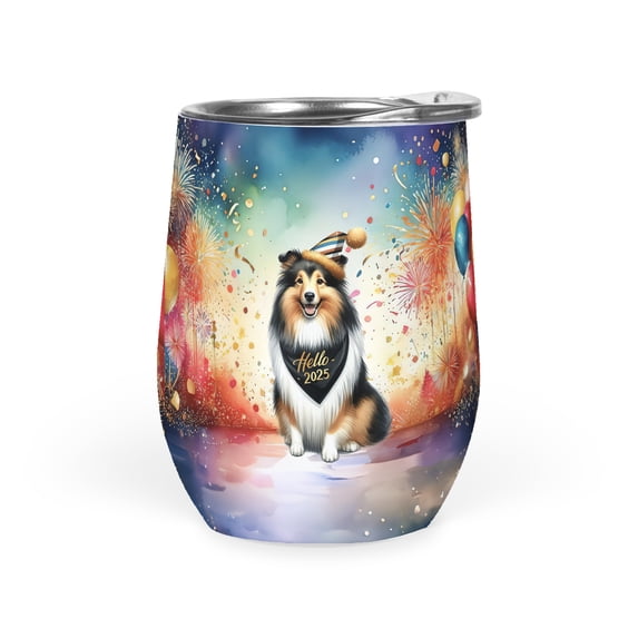 Hello 2025 Shetland Sheepdog Celebrates Happy New Year Firework Balloon 12oz Stainless Steel Wine Tumbler Insulated Cup with Lid Sheltie Dog Lover Gifts - 02024