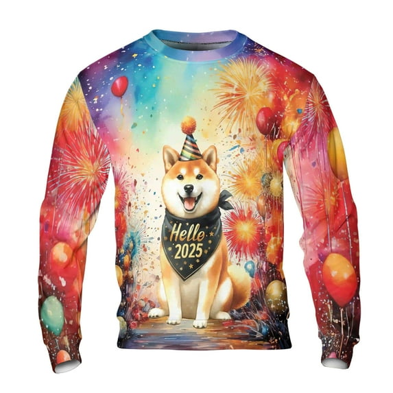 Hello 2025 Shiba Inu Celebrates Happy New Year Firework Balloon All Over Print 3D Sweatshirt Unisex Merch Shibas Dog Lovers Gifts Idea - 02024
