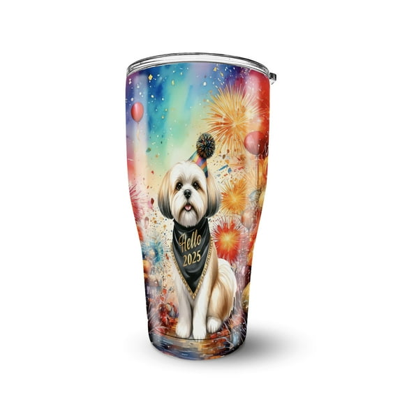 Hello 2025 Shih Tzu Celebrates Happy New Year Firework Balloon 30oz Stainless Steel Tumbler Insulated Cup with Lid Lion Dog Lover Gifts - 02024