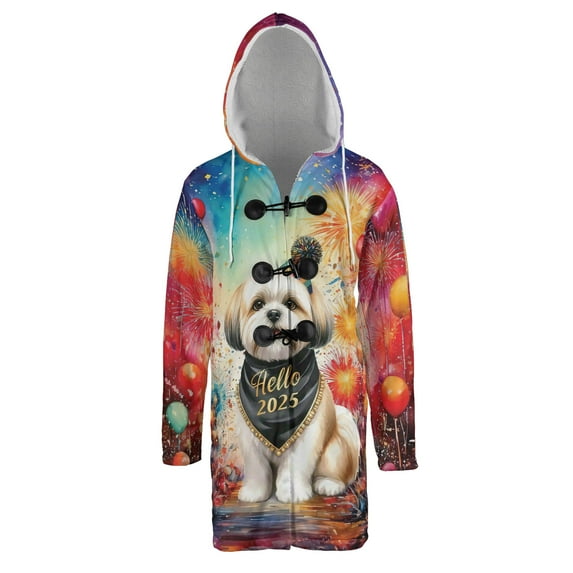 Hello 2025 Shih Tzu Celebrates Happy New Year Firework Balloon All Over Print 3D Hooded Duffle Toggle Coat Lion Dog Lover Gifts - 02024