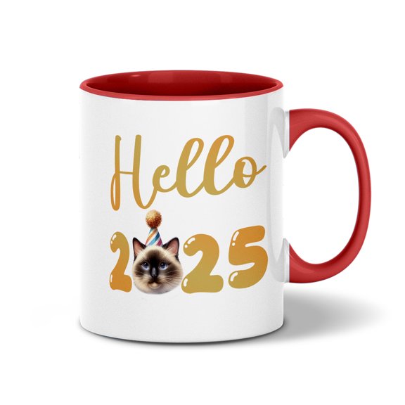 Hello 2025 Siamese Celebrates Happy New Year Firework Balloon 11oz Accent Two-tone Mug Cat Lover Kitten Owner Gifts Coffee Tea Cup - 02024