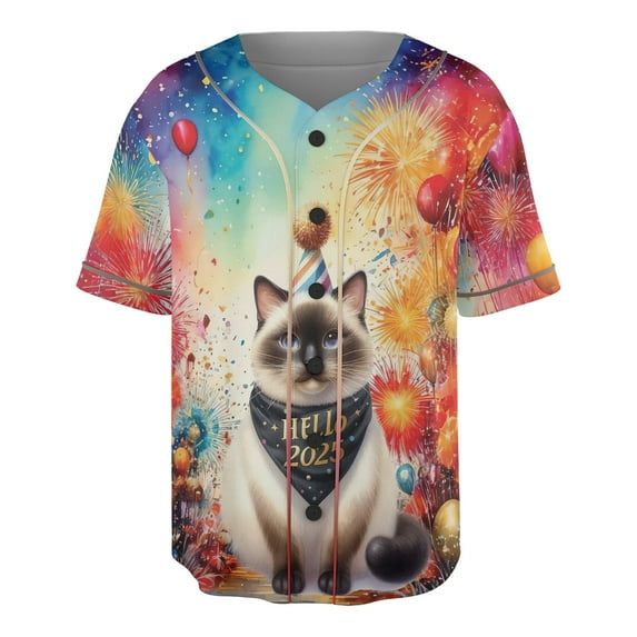 Hello 2025 Siamese Celebrates Happy New Year Firework Balloon All Over Print 3D Baseball Shirt Cat Lover Kitten Owner Gifts Softball Sport - 02024
