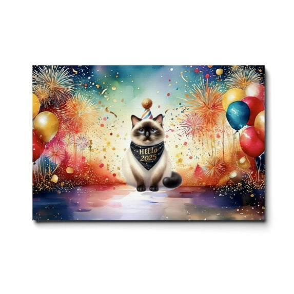 Hello 2025 Siamese Celebrates Happy New Year Firework Balloon Horizontal Matte Canvas Poster Cat Lover Kitten Owner Gifts Wall Art Home Decor - 02024